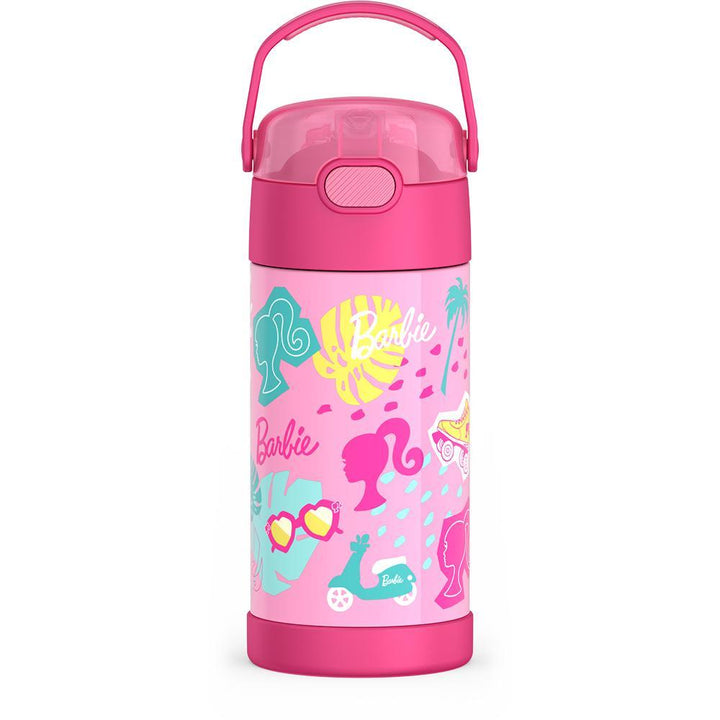 12 ounce Funtainer water bottle, Barbie, front view, handle up.