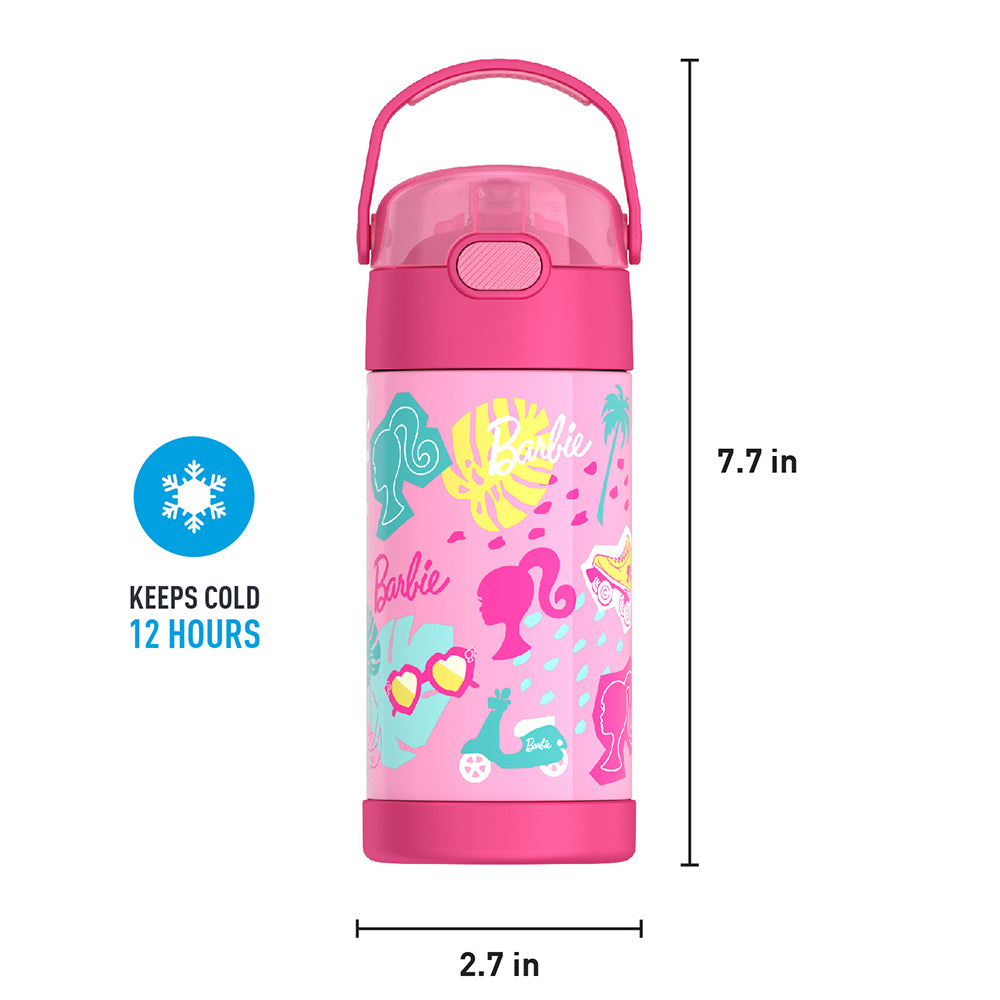 12 ounce Funtainer water bottle, Barbie, front view with handle up. 7.7 inches tall, 2.7 inches wide at base. Keeps Cold 12 Hours.