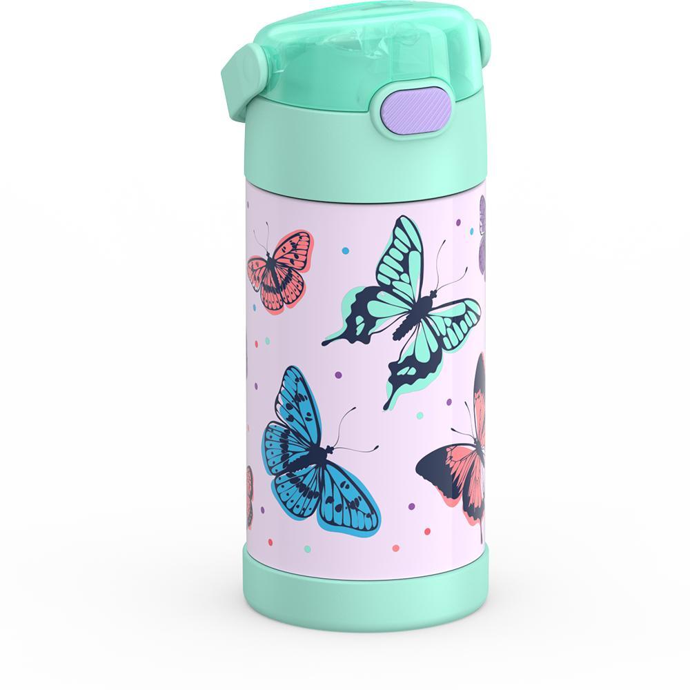 12 ounce Funtainer water bottle, Butterfly Frenzy Pattern, side view, handle down.