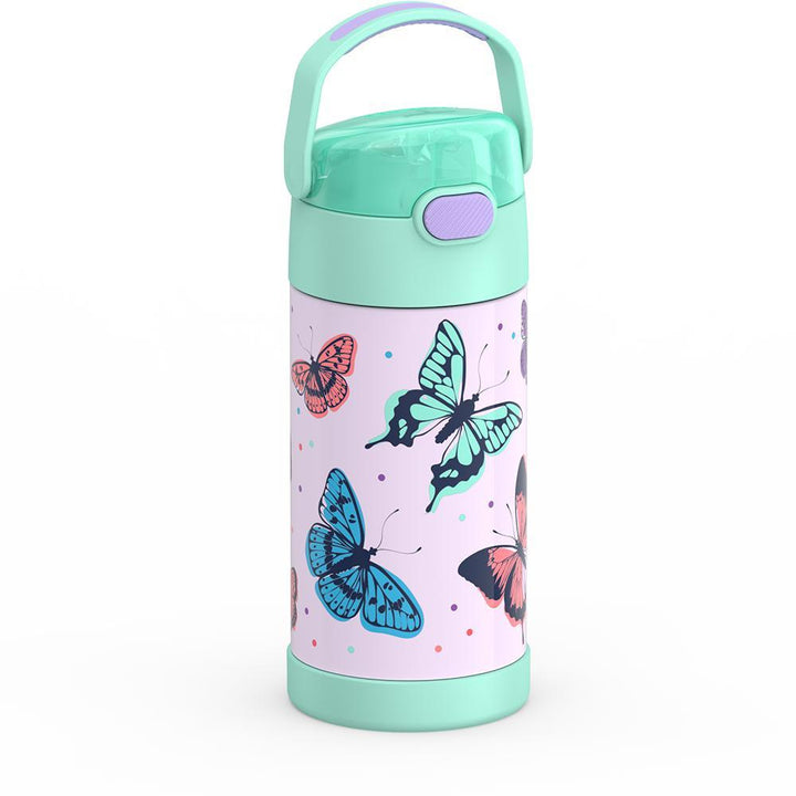 12 ounce Funtainer water bottle, side view, handle up, Butterfly Frenzy Pattern.