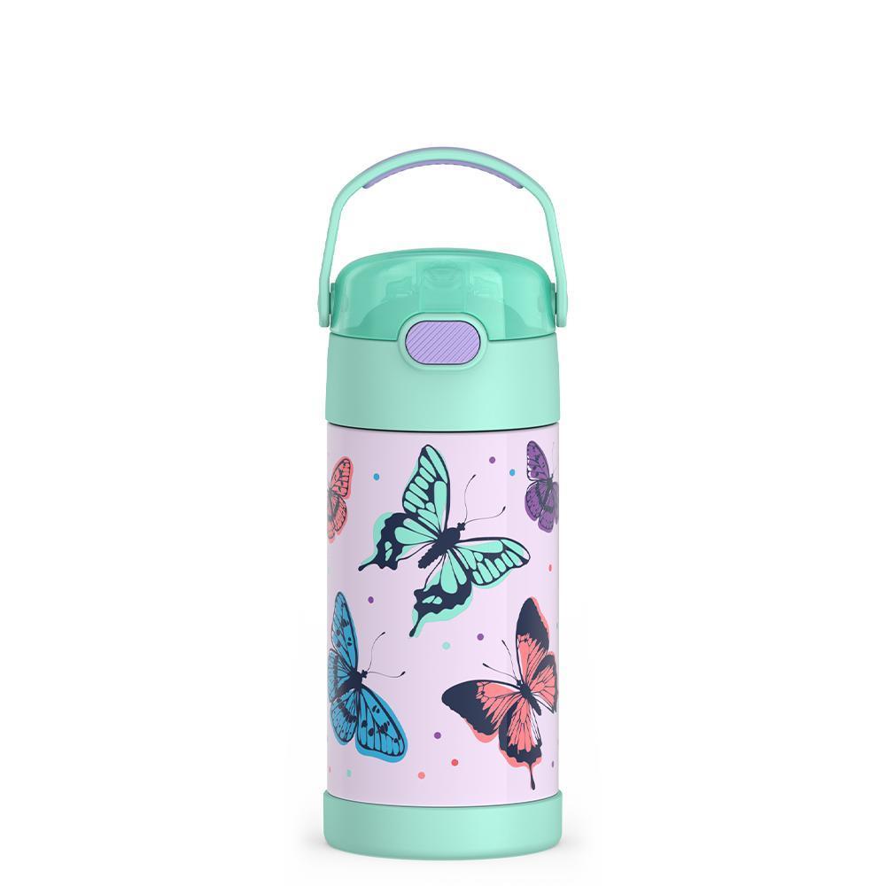 12 ounce Funtainer water bottle with handle up, Butterfly Frenzy Pattern.