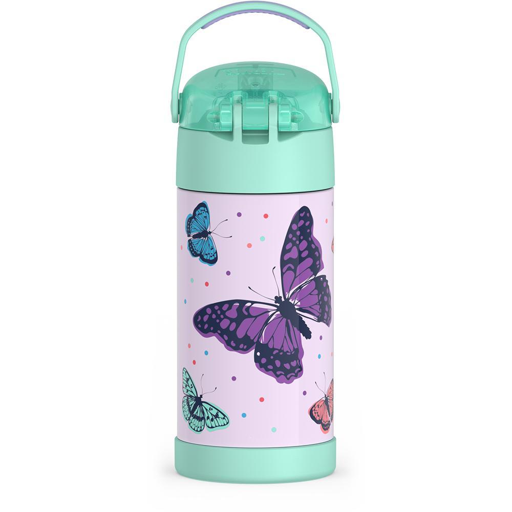 12 ounce Funtainer water bottle, back view, handle up, Butterfly Frenzy Pattern.