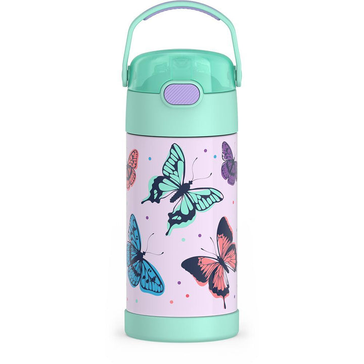 12 ounce Funtainer water bottle with handle up, Butterfly Frenzy Pattern.