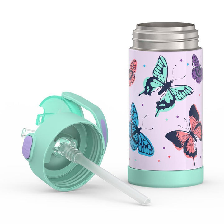 12 ounce Funtainer water bottle, Butterfly Frenzy Pattern, unassembled - lid removed.