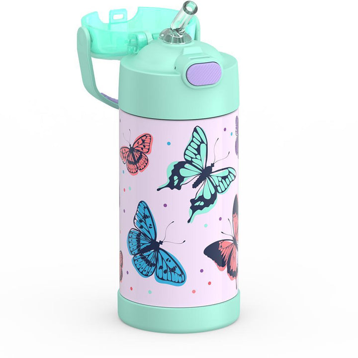 12 ounce Funtainer water bottle, Butterfly Frenzy Pattern, straw inset.