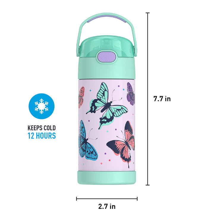 12 ounce Funtainer water bottle, Butterfly Frenzy Pattern, front view with handle up. 7.7 inches tall, 2.7 inches wide at base. Keeps Cold 12 Hours.