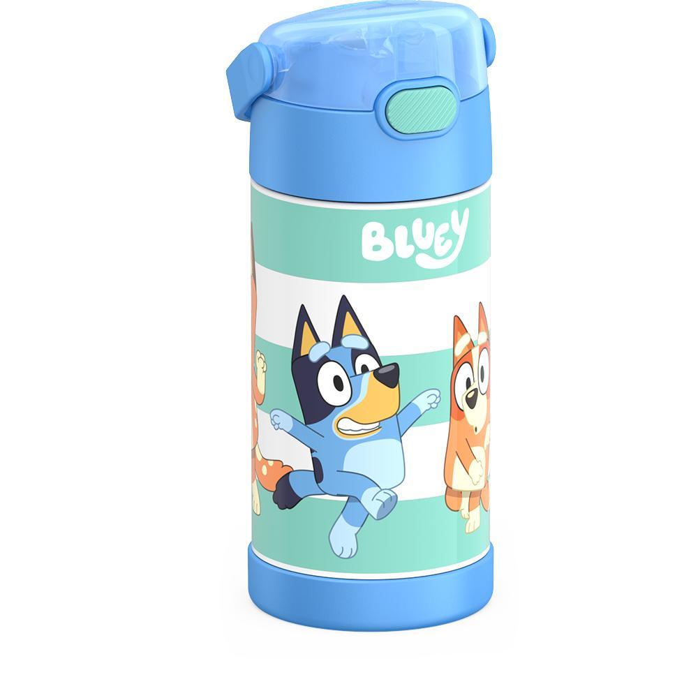 12 ounce Funtainer water bottle, side view, Bluey and Bingo.