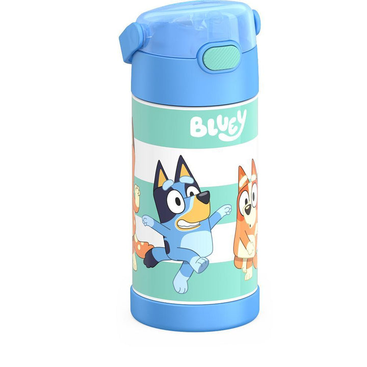 12 ounce Funtainer water bottle, side view, Bluey and Bingo.