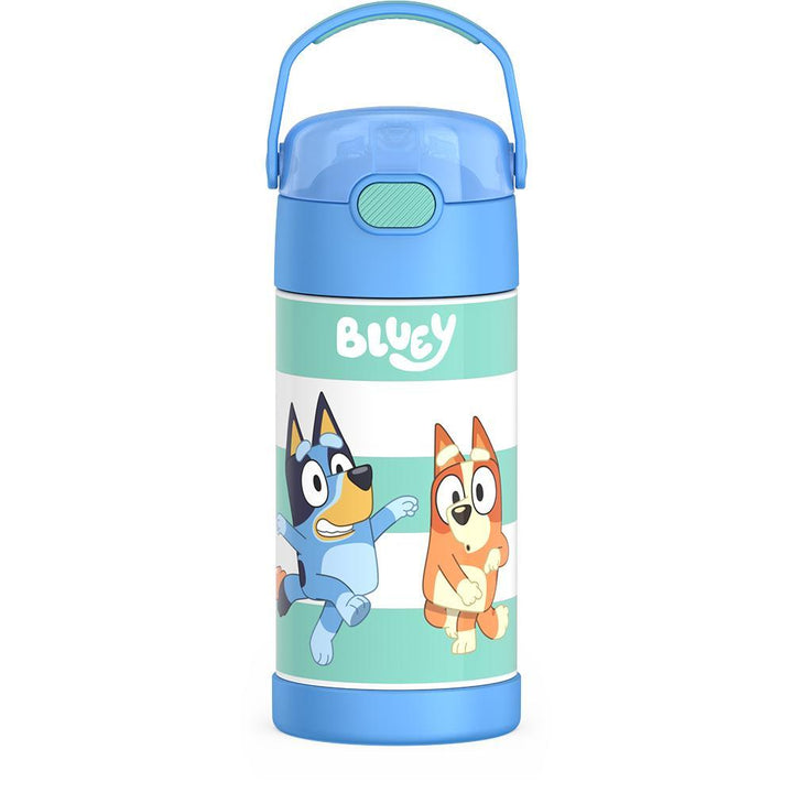 12 ounce Funtainer water bottle, Bluey, front view with handle up.