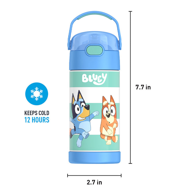 12 ounce Funtainer water bottle, Bluey, front view with handle up. 7.7 inches tall, 2.7 inches wide at base. Keeps Cold 12 Hours.