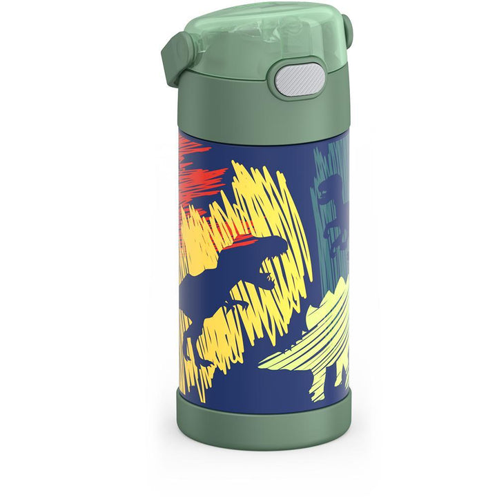 12 ounce Funtainer water bottle, Dinosaur Pattern, side view, handle down.