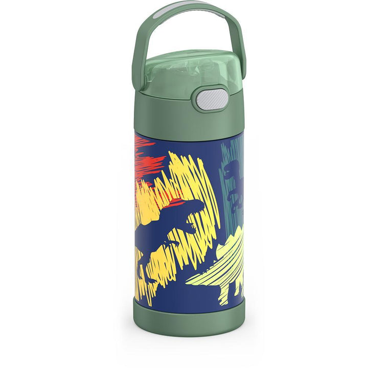 12 ounce Funtainer water bottle, side view, handle up, Dinosaur Pattern.