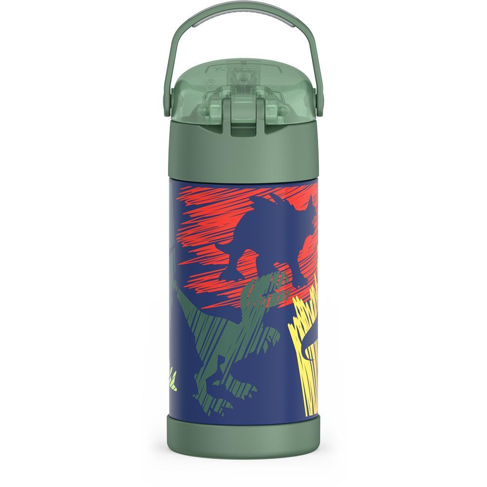 12 ounce Funtainer water bottle, back view, handle up, Dinosaur Pattern.