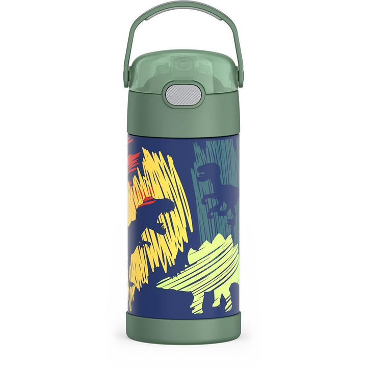 12 ounce Funtainer water bottle with handle up, Dinosaur Pattern.