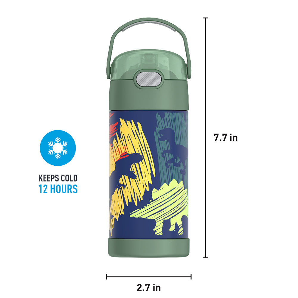 12 ounce Funtainer water bottle, Dinosaur Pattern, front view with handle up. 7.7 inches tall, 2.7 inches wide at base. Keeps Cold 12 Hours.