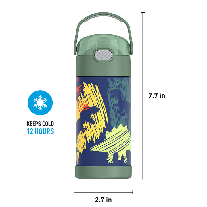 12 ounce Funtainer water bottle, Dinosaur Pattern, front view with handle up. 7.7 inches tall, 2.7 inches wide at base. Keeps Cold 12 Hours.