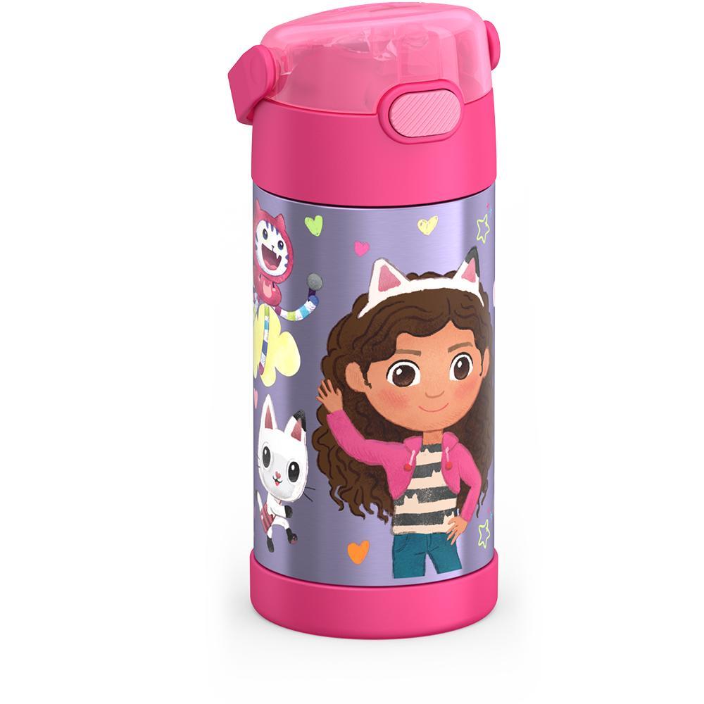 12 ounce Funtainer water bottle, Gabby's Dollhouse - Pink, side view, handle down.