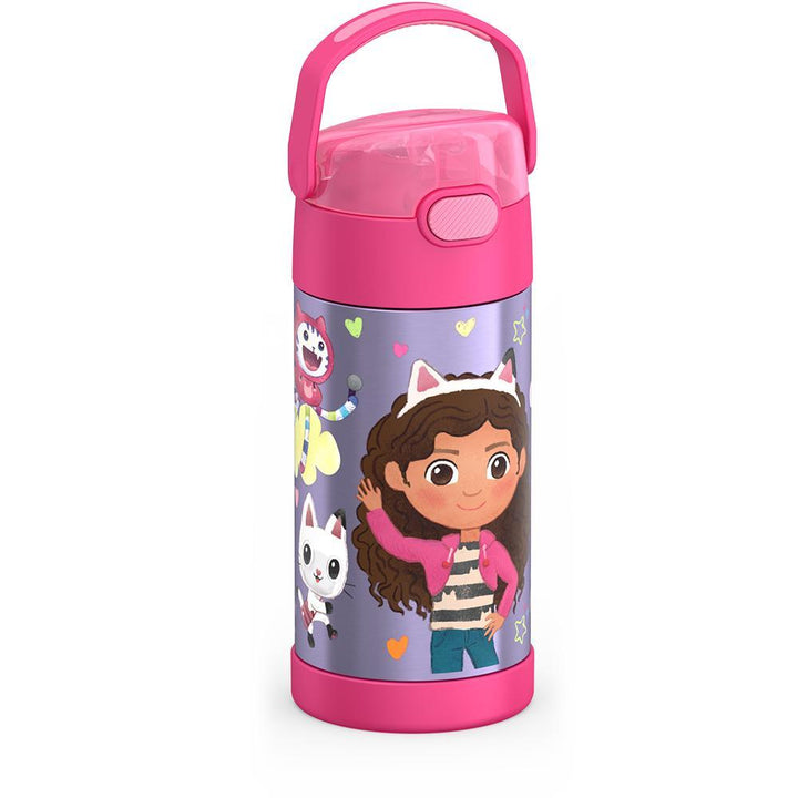 12 ounce Funtainer water bottle, side view, handle up, Gabby's Dollhouse - Pink.