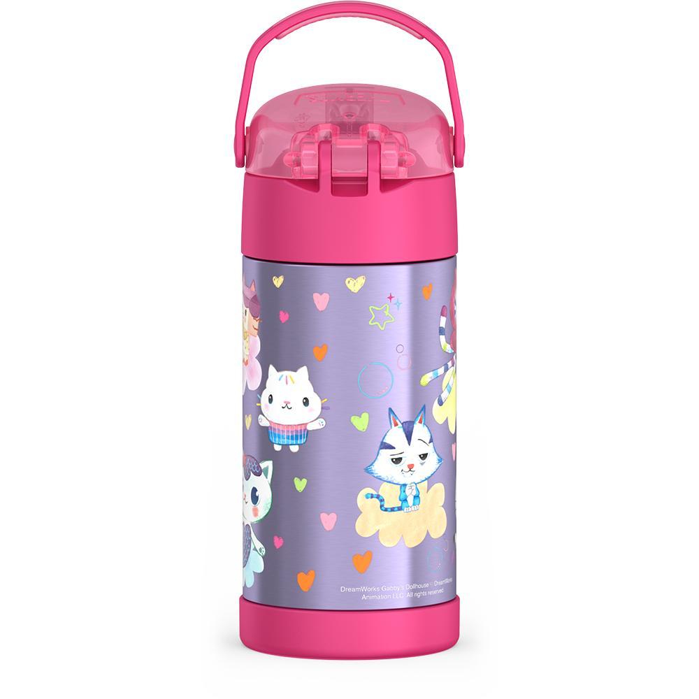 12 ounce Funtainer water bottle, back view, handle up, Gabby's Dollhouse - Pink.