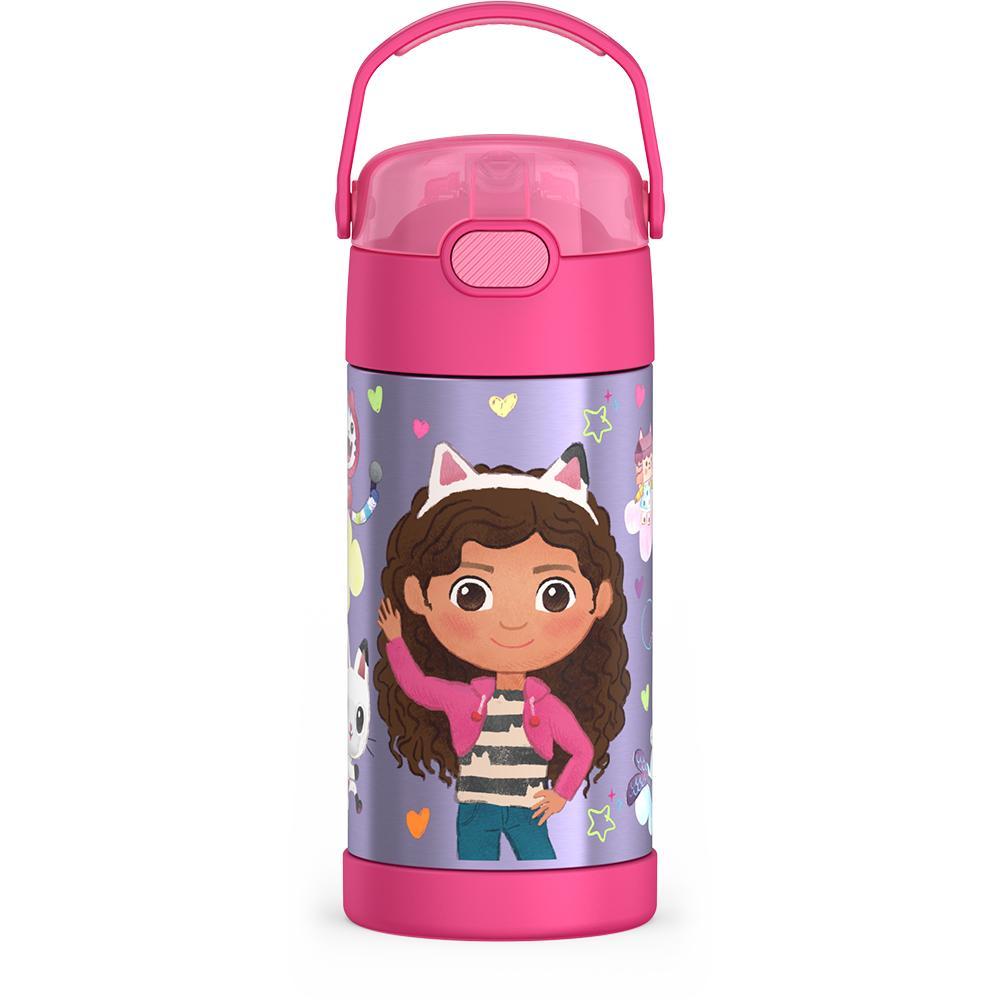 12 ounce Funtainer water bottle with handle up, Gabby's Dollhouse - Pink.