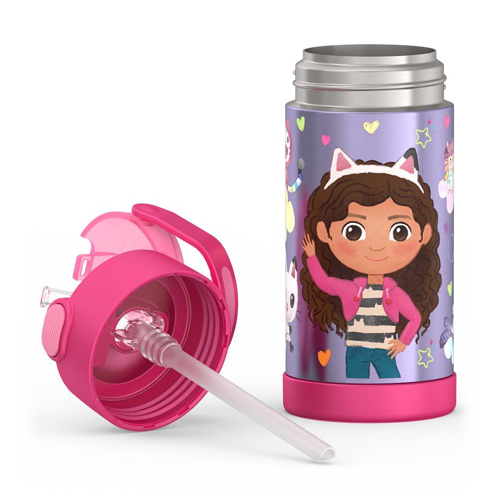 12 ounce Funtainer water bottle, Gabby's Dollhouse - Pink, unassembled - lid removed.