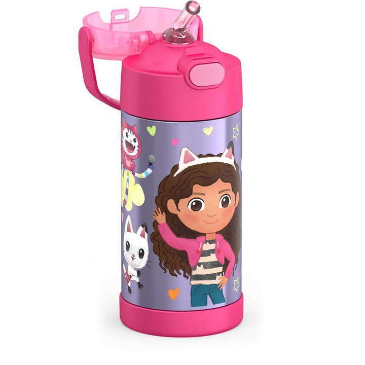 12 ounce Funtainer water bottle, Gabby's Dollhouse - Pink, straw inset.