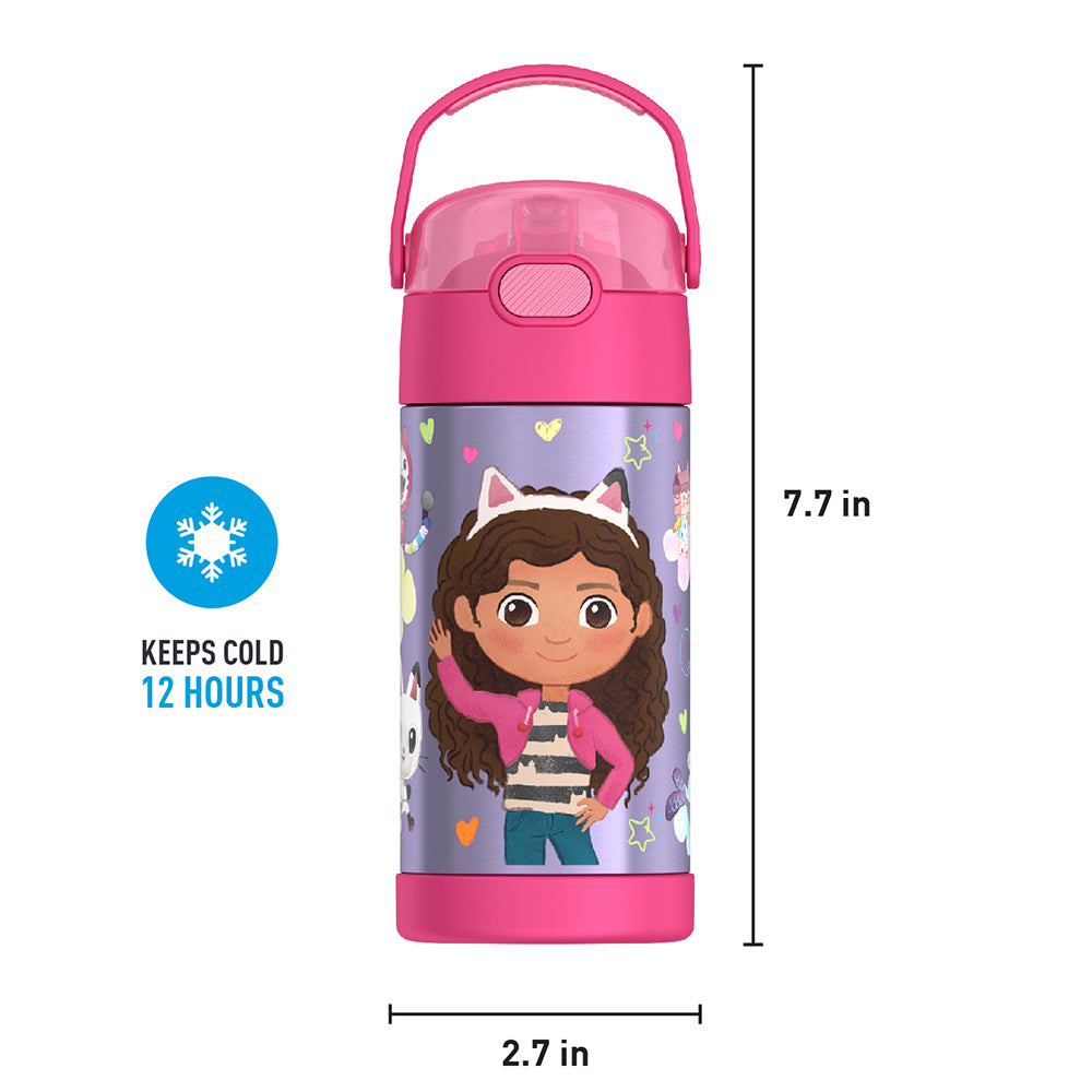 12 ounce Funtainer water bottle, Gabby's Dollhouse - Pink, front view with handle up. 7.7 inches tall, 2.7 inches wide at base. Keeps Cold 12 Hours.