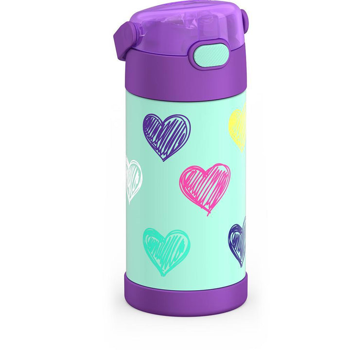 12 ounce Funtainer water bottle, colorful sketched Hearts Pattern, side view, handle down.