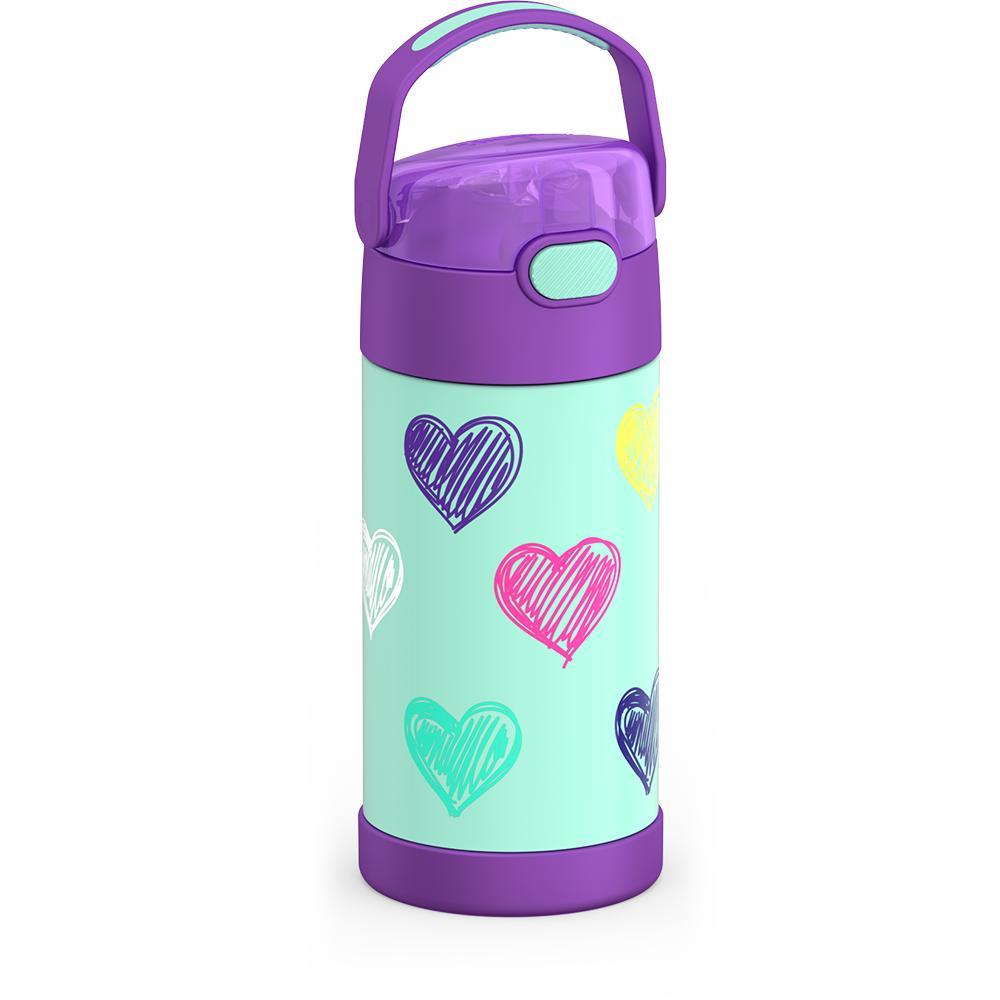 12 ounce Funtainer water bottle, side view, handle up, colorful sketched Hearts Pattern.