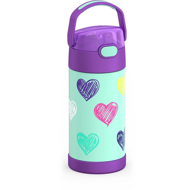 12 ounce Funtainer water bottle, side view, handle up, colorful sketched Hearts Pattern.