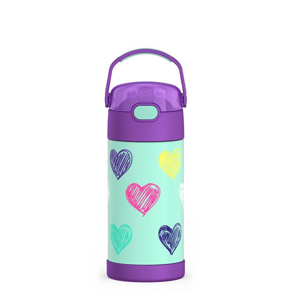 12 ounce Funtainer water bottle with handle up, colorful sketched Hearts Pattern.