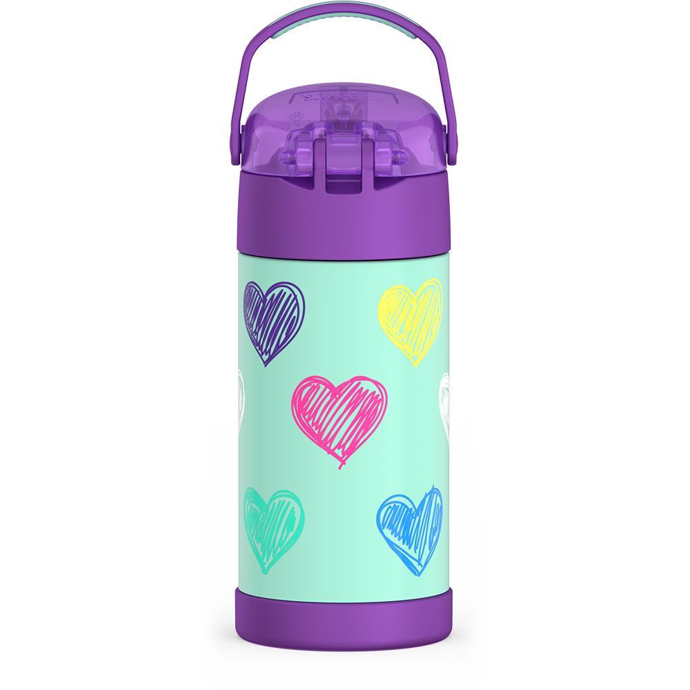 12 ounce Funtainer water bottle, back view, handle up, colorful sketched Hearts Pattern.