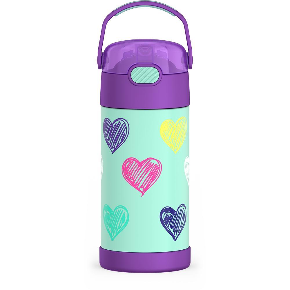 12 ounce Funtainer water bottle with handle up, colorful sketched Hearts Pattern.