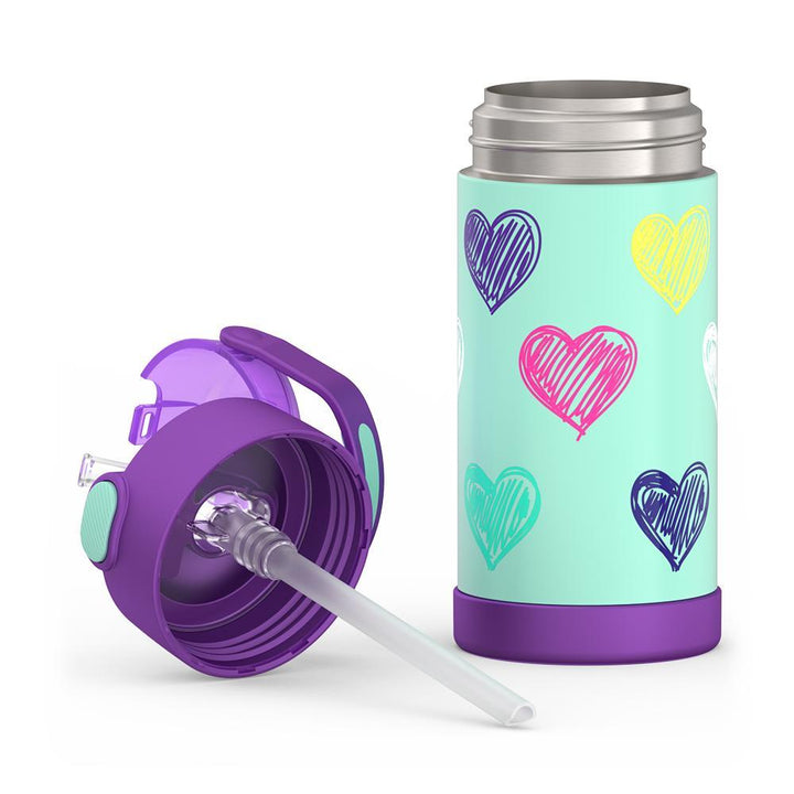 12 ounce Funtainer water bottle, colorful sketched Hearts Pattern, unassembled - lid removed.