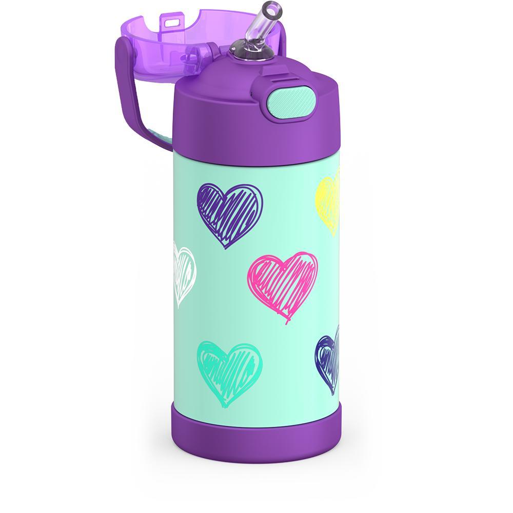 12 ounce Funtainer water bottle, colorful sketched Hearts Pattern, straw inset.