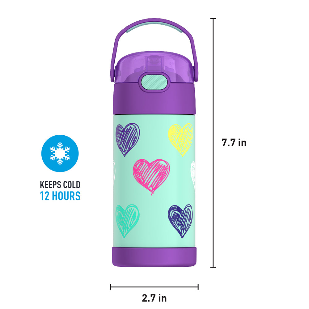 12 ounce Funtainer water bottle, colorful sketched Hearts Pattern, front view with handle up. 7.7 inches tall, 2.7 inches wide at base. Keeps Cold 12 Hours.