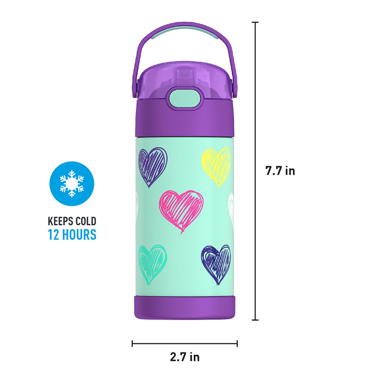 12 ounce Funtainer water bottle, colorful sketched Hearts Pattern, front view with handle up. 7.7 inches tall, 2.7 inches wide at base. Keeps Cold 12 Hours.