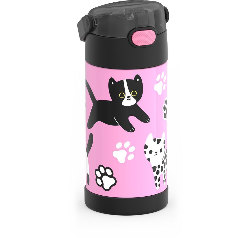 12 ounce Funtainer water bottle, Black and White Kittens, side view, handle down.