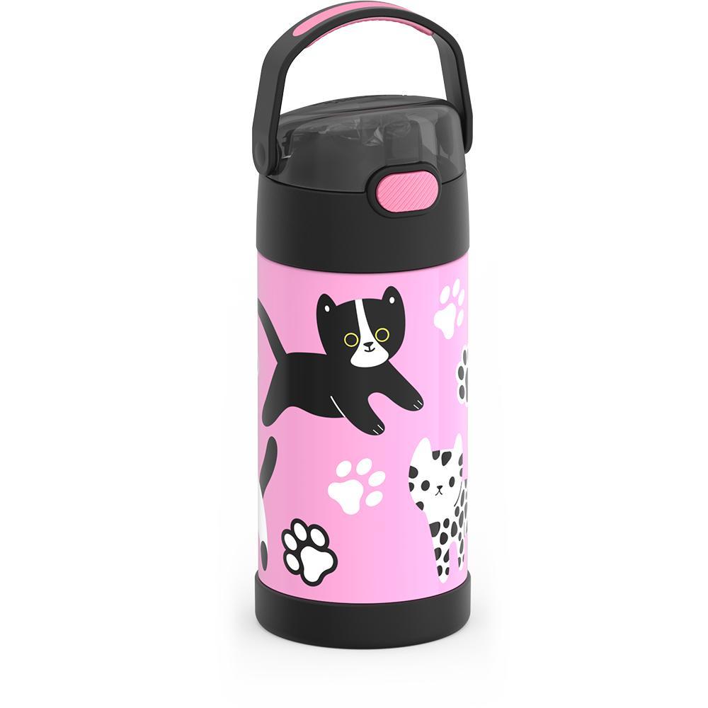 12 ounce Funtainer water bottle, side view, handle up, Black and White Kittens.