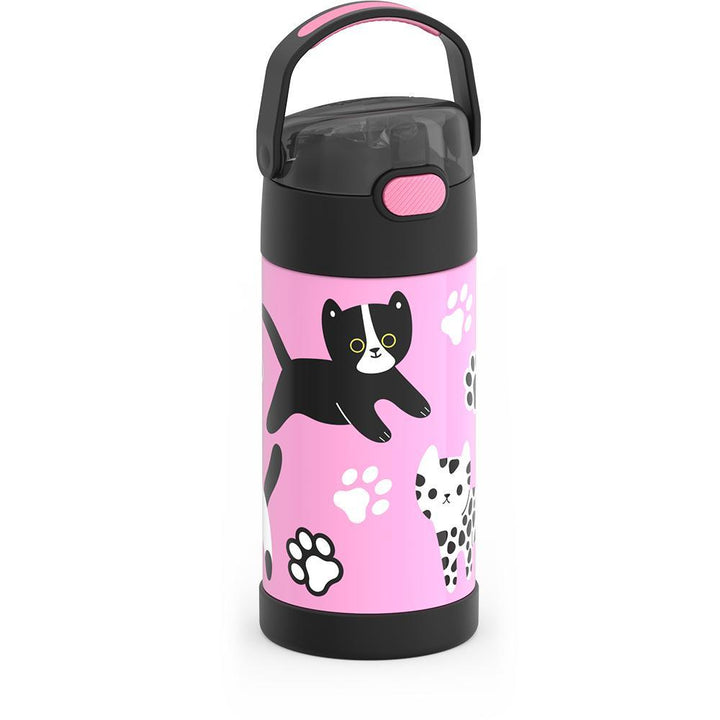 12 ounce Funtainer water bottle, side view, handle up, Black and White Kittens.