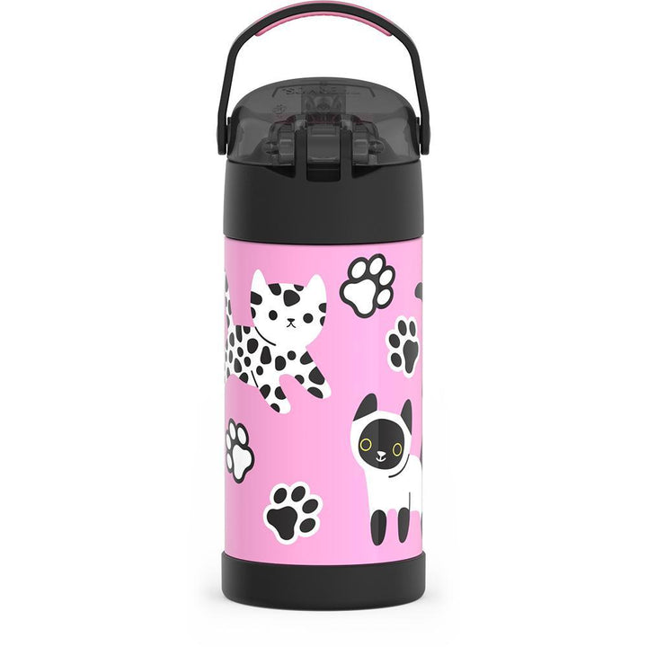 12 ounce Funtainer water bottle, back view, handle up, Black and White Kittens.