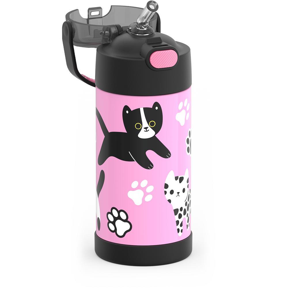 12 ounce Funtainer water bottle, Black and White Kittens, straw inset.