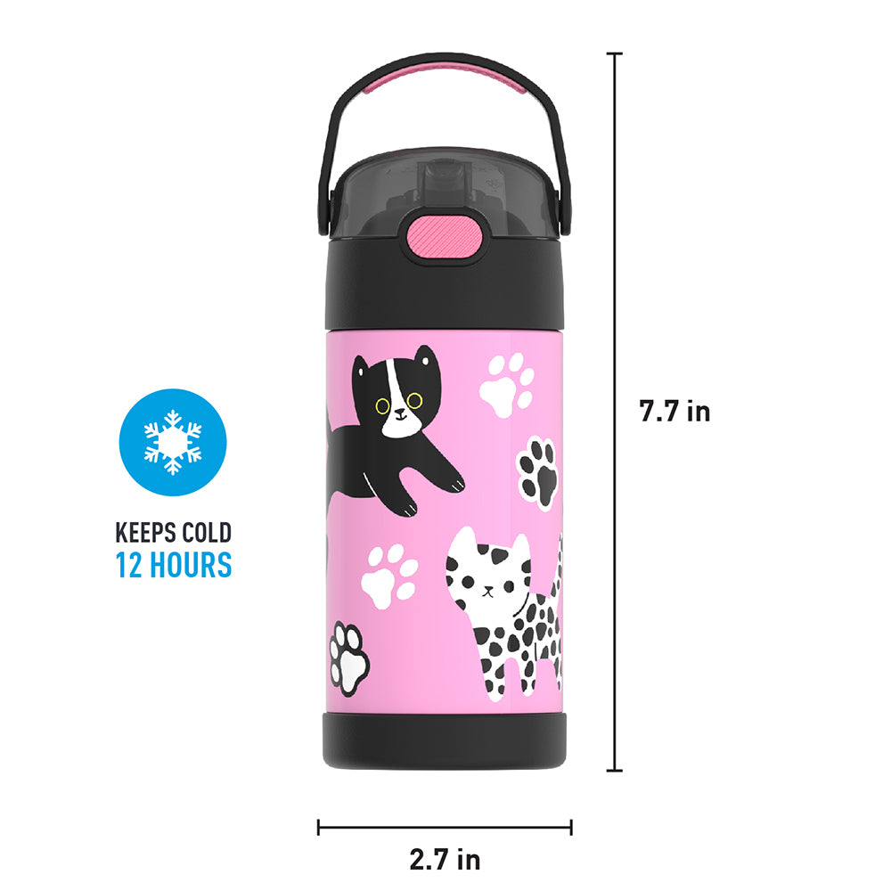 12 ounce Funtainer water bottle, Black and White Kittens, front view with handle up. 7.7 inches tall, 2.7 inches wide at base. Keeps Cold 12 Hours.