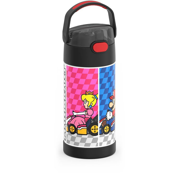 12 ounce Funtainer water bottle, side view, handle up, Mario Kart.