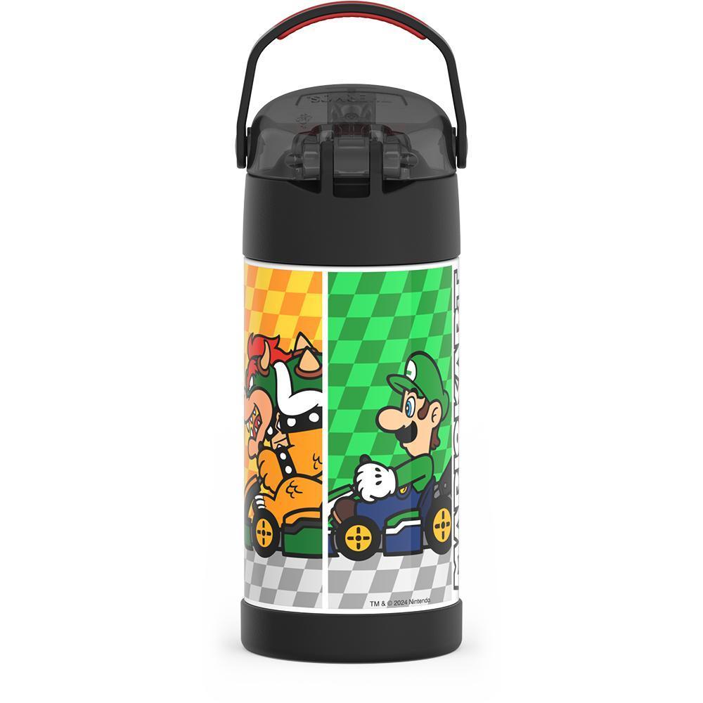 12 ounce Funtainer water bottle, back view, handle up, Mario Kart.