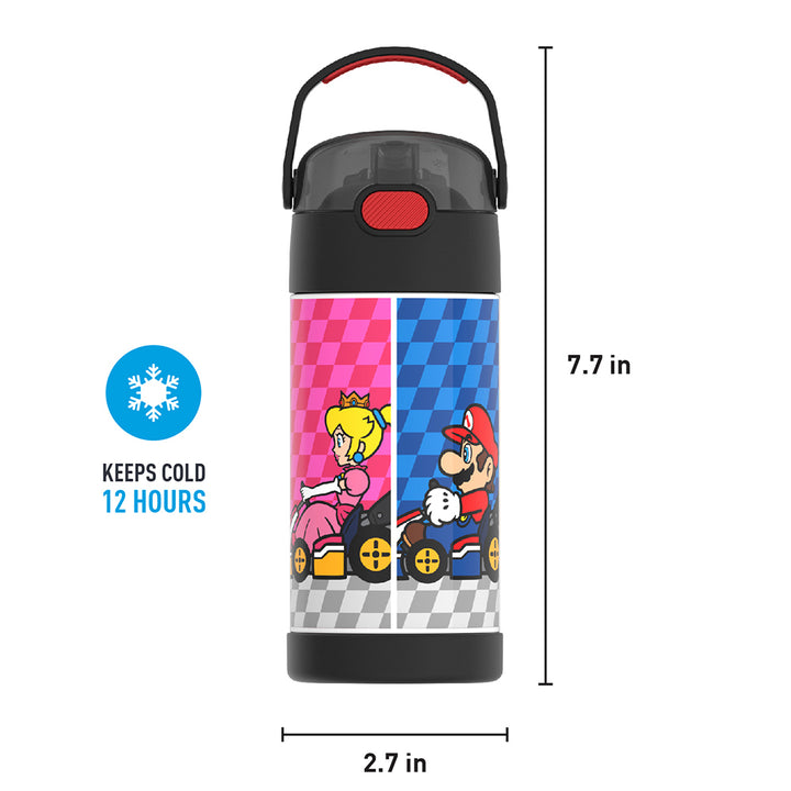 12 ounce Funtainer water bottle, Mario Kart, front view with handle up. 7.7 inches tall, 2.7 inches wide at base. Keeps Cold 12 Hours.