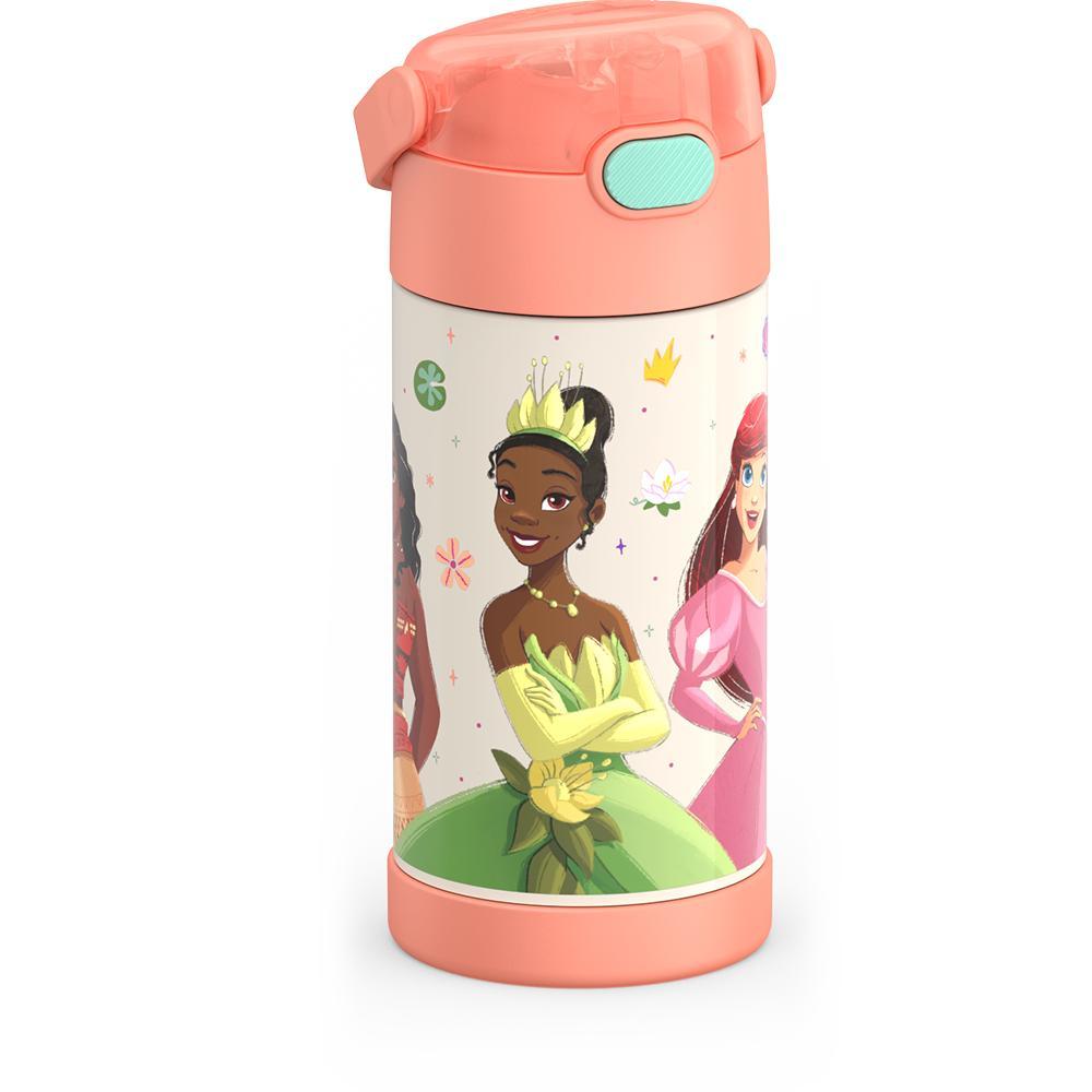 12 ounce Funtainer water bottle, Disney Princesses, Peach, side view, handle down.