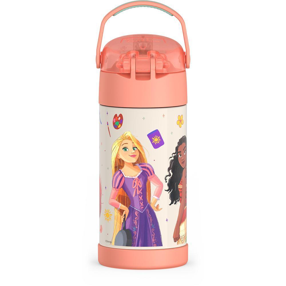 12 ounce Funtainer water bottle, back view, handle up, Disney Princesses, Peach.