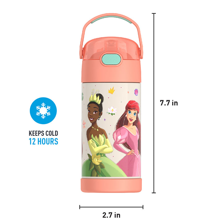 12 ounce Funtainer water bottle, Disney Princesses, Peach, front view with handle up. 7.7 inches tall, 2.7 inches wide at base. Keeps Cold 12 Hours.