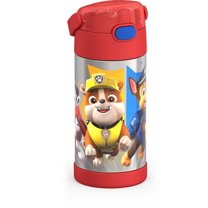 12 ounce Funtainer water bottle, Paw Patrol, Red, side view, handle down.